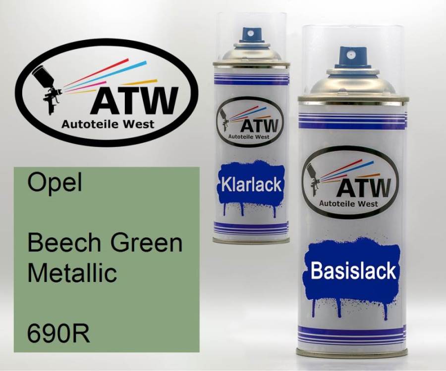 Opel, Beech Green Metallic, 690R: 400ml Sprühdose + 400ml Klarlack - Set, von ATW Autoteile West.